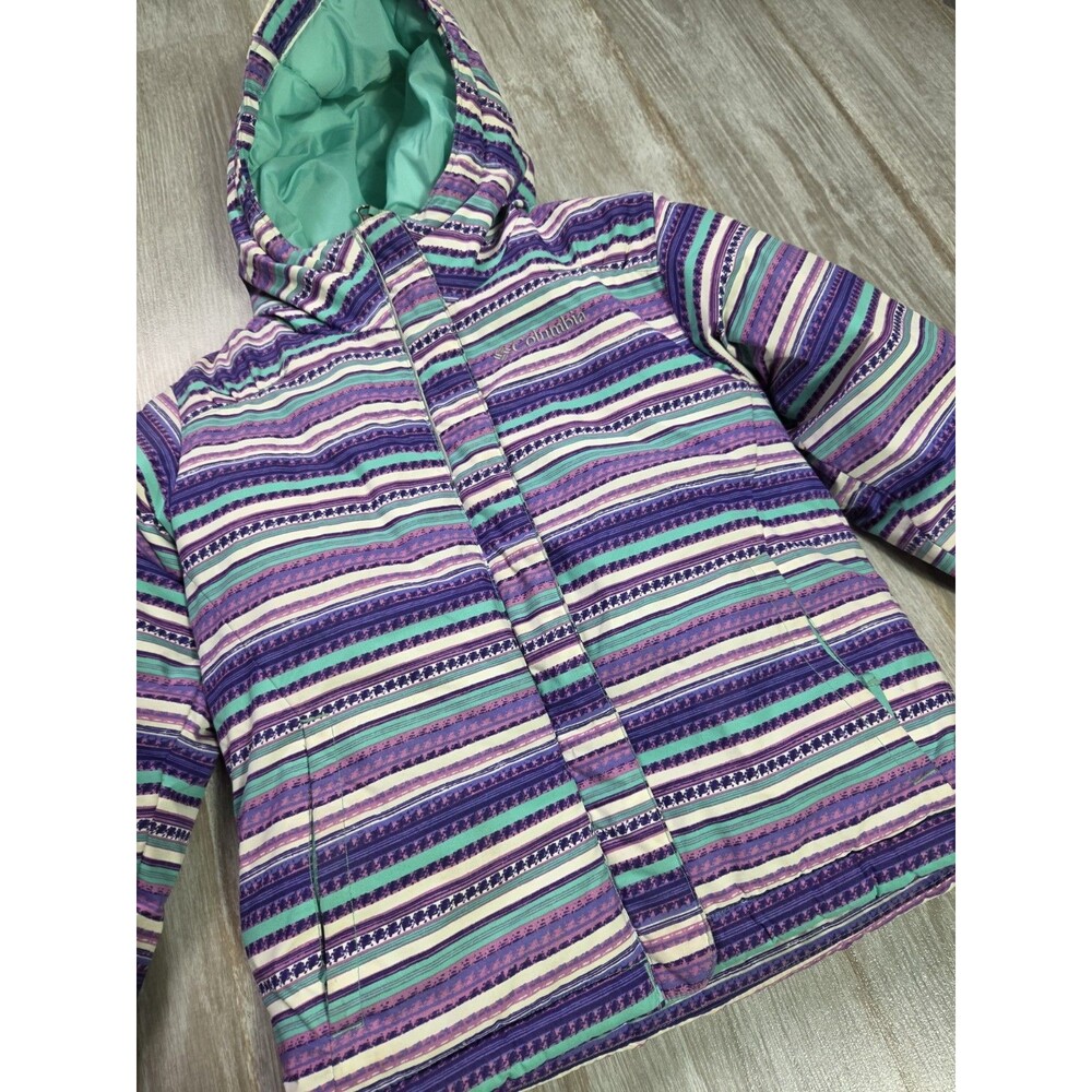 Columbia Girls Hooded Puffer Jacket Purple Teal Stripe Insulated Winter Coat XS - Picture 2 of 12